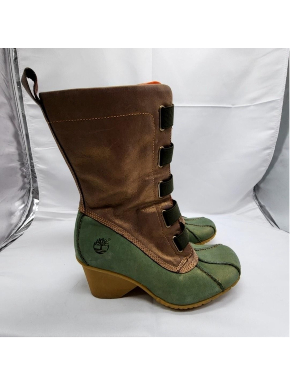 Timberland Womens 7M Green Brown Leather Wedge Mid Calf Winter Snow Boots Zip